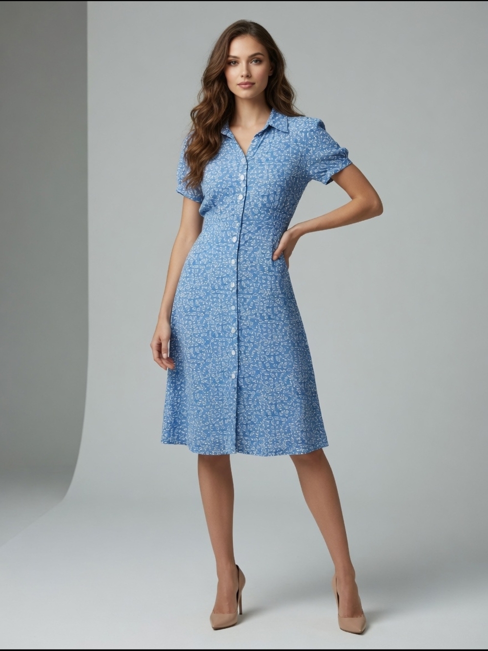 Blue Button-Front Shirt Dress